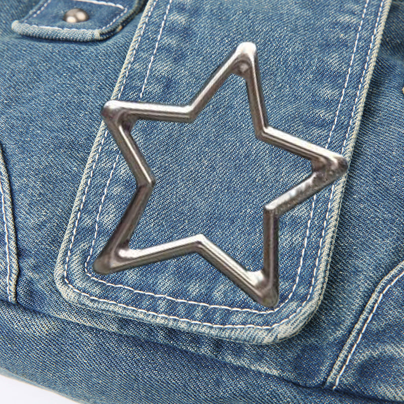 Fashion Retro Metal Five-pointed Star Decoration Denim Handbag For Women - Bellarte Enchanté Fashion Retro Metal Five-pointed Star Decoration Denim Handbag For Women